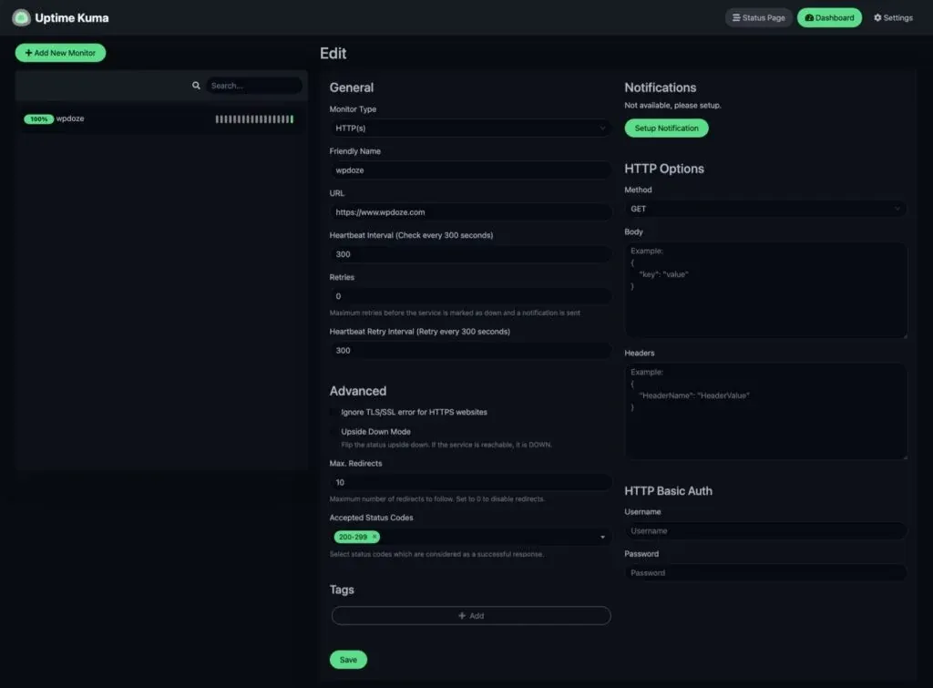 Uptime Kuma add monitor screen