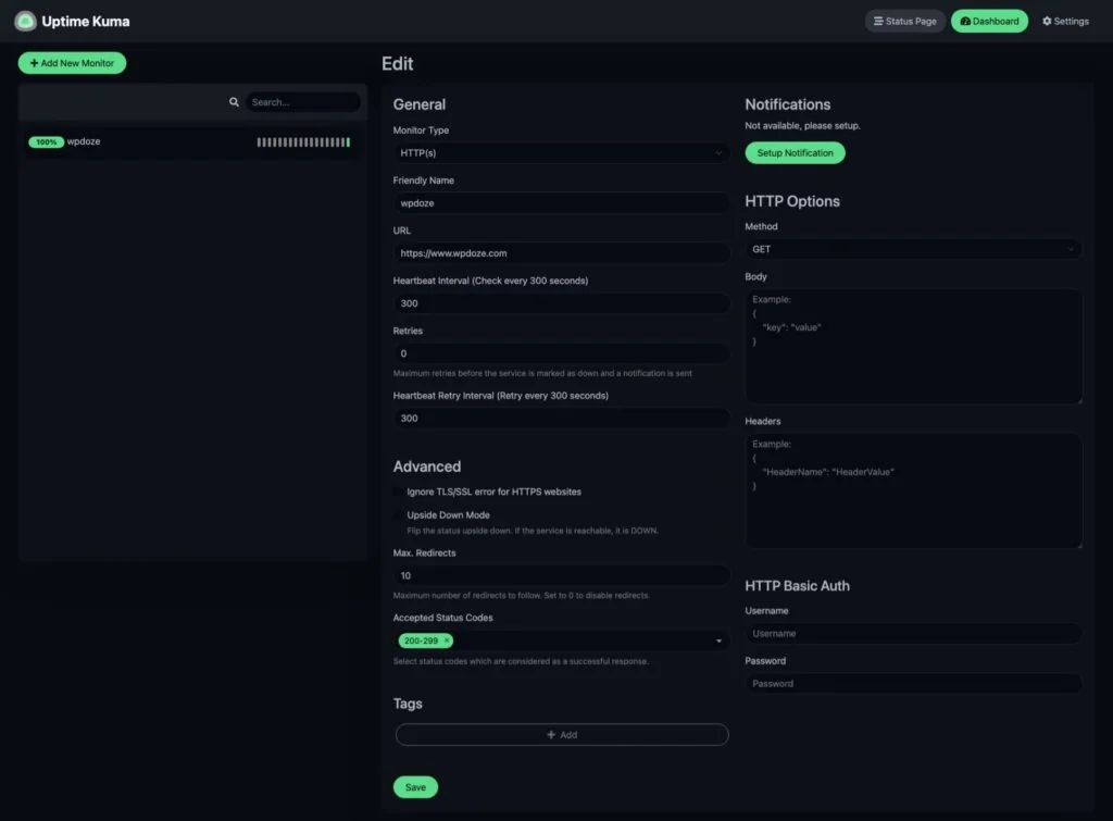 Uptime Kuma add monitor screen
