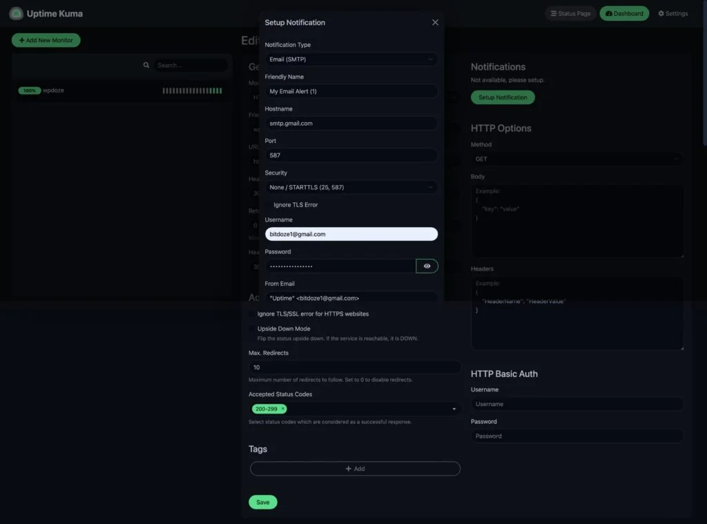 Uptime Kuma SMTP notification setup