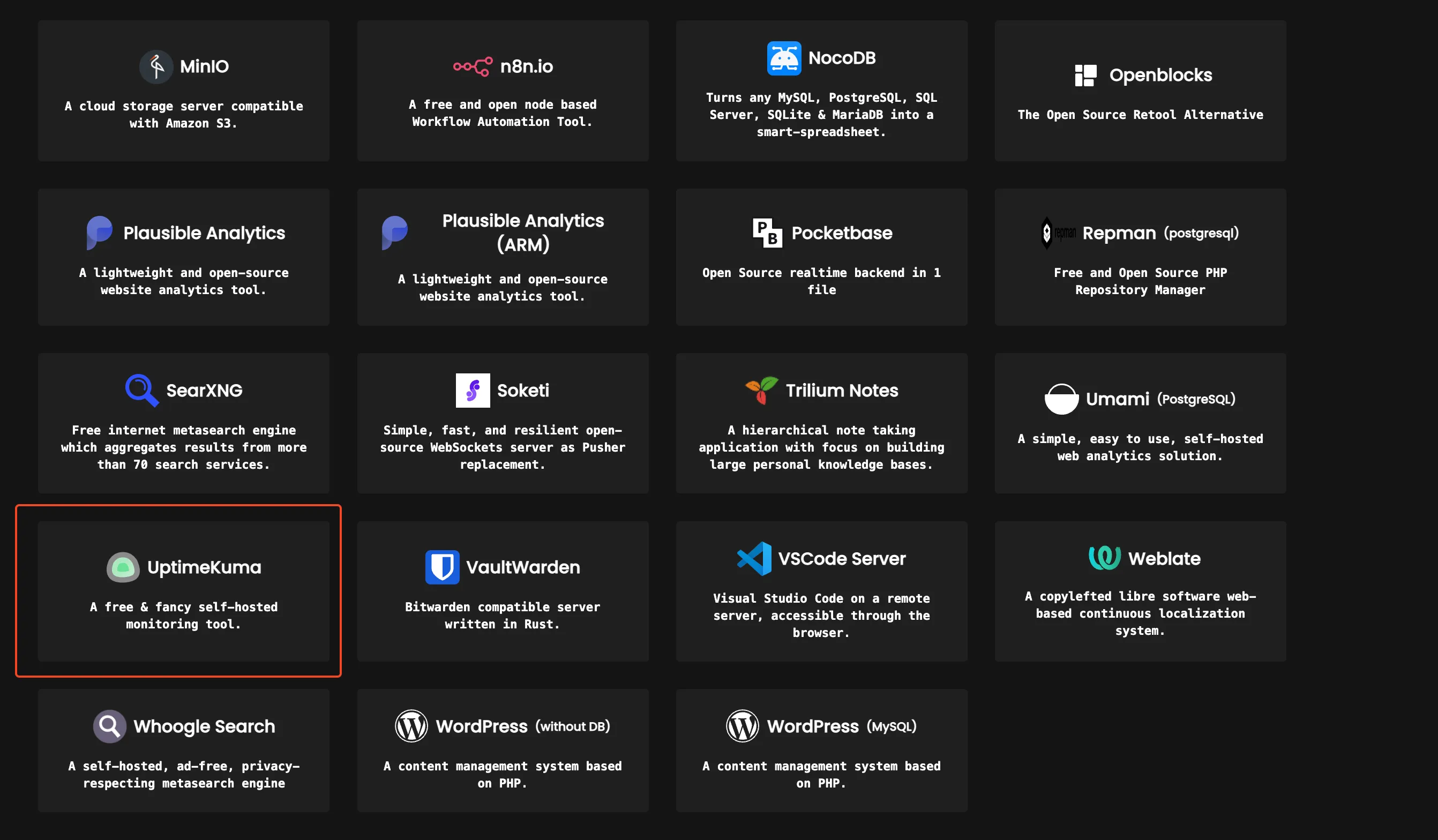 Coolify service template list with Uptime Kuma selected