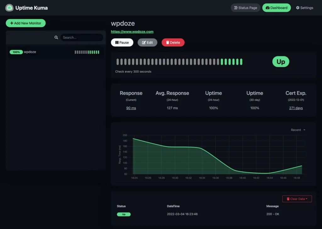 Uptime Kuma dashboard showing all monitors up