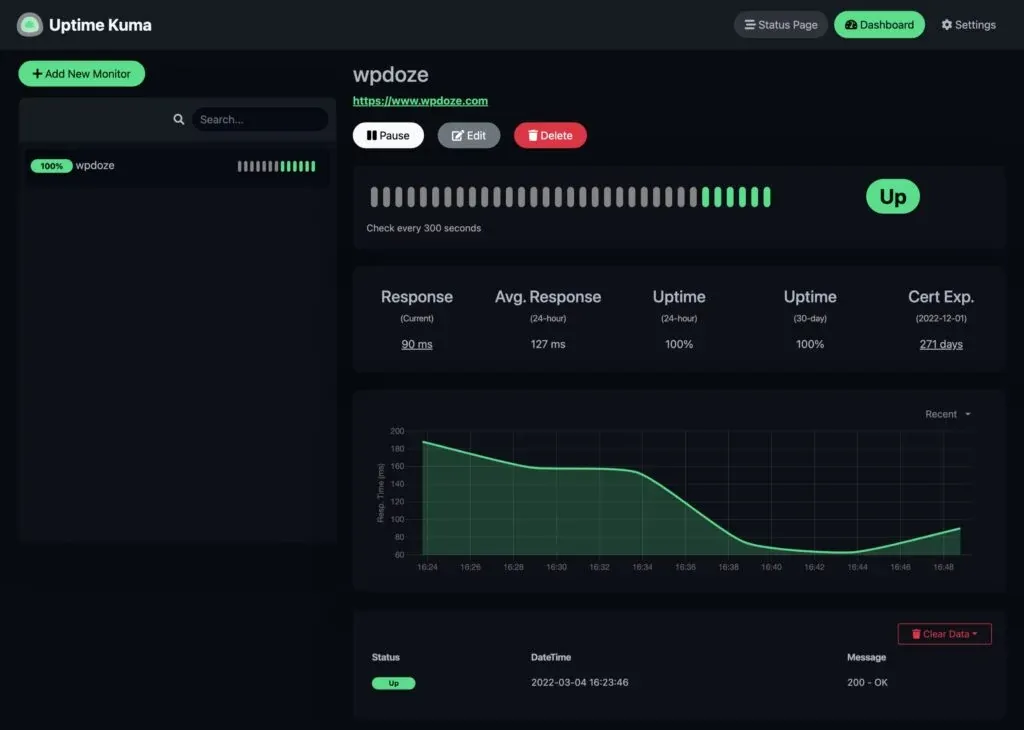 Uptime Kuma dashboard showing all monitors up