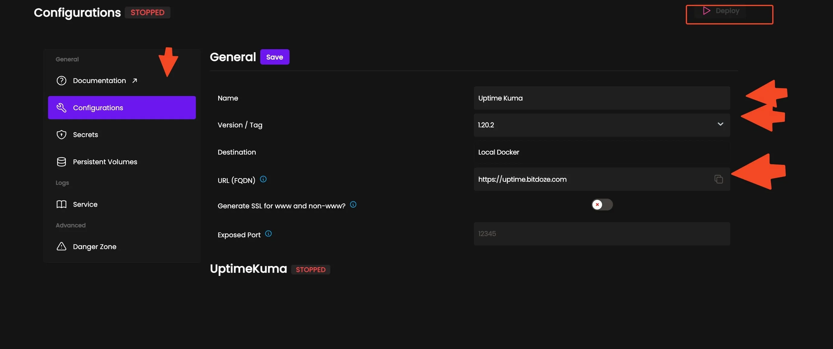 Coolify Uptime Kuma configuration screen with Name, Docker image tag, and FQDN fields