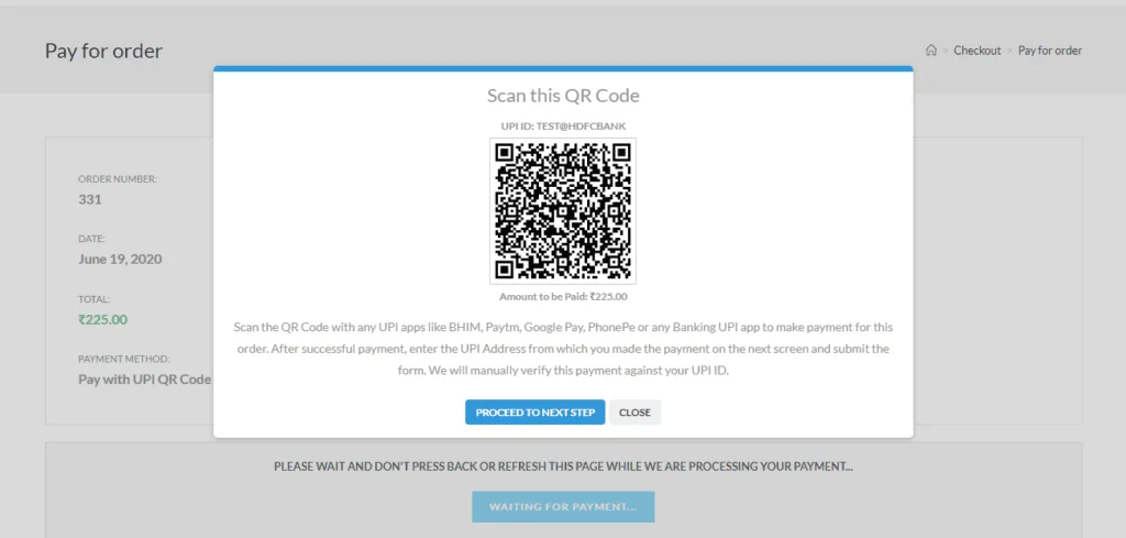 UPI QR Code Payment Gateway plugin