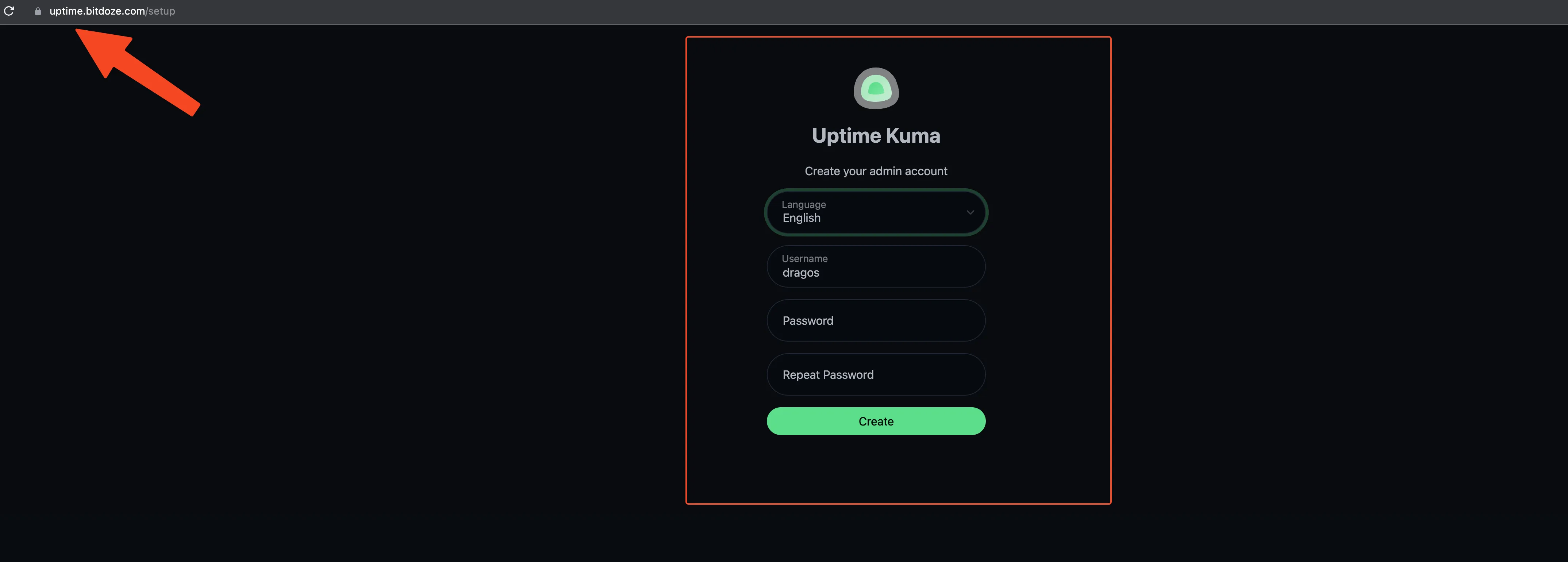 Uptime Kuma first-run setup page prompting to create an admin account