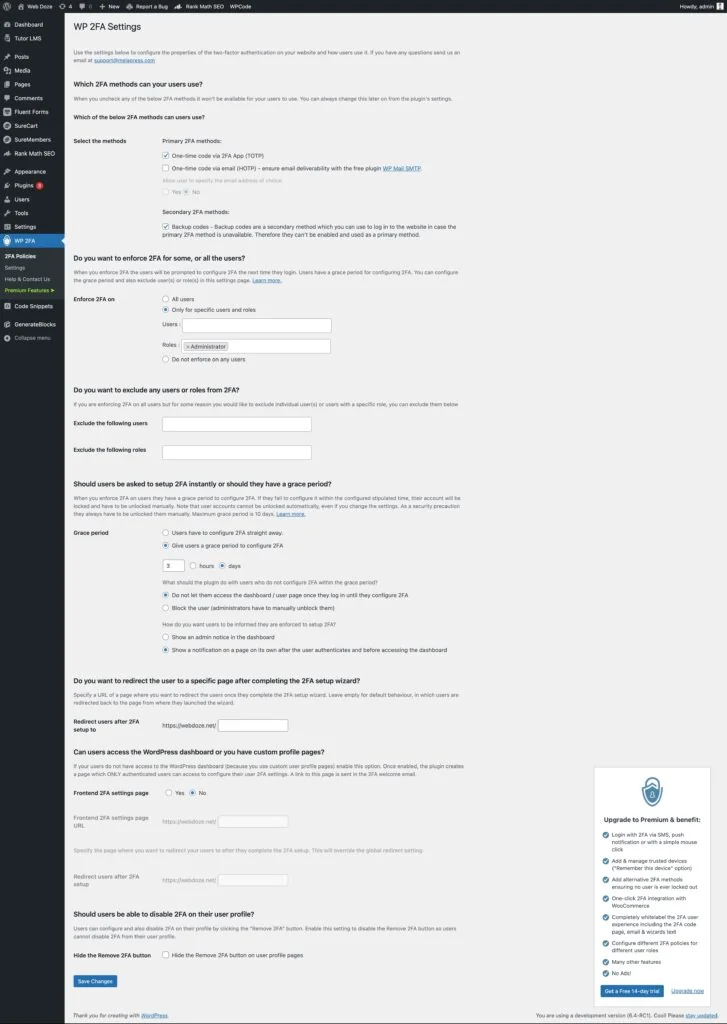 WP 2FA plugin settings page