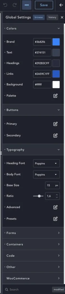 Breakdance global settings panel