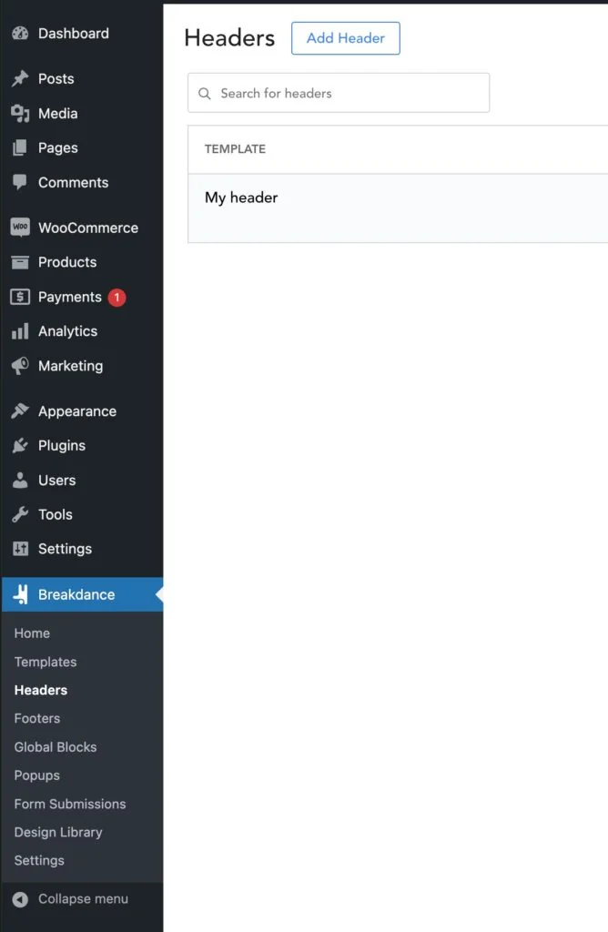 Breakdance header builder