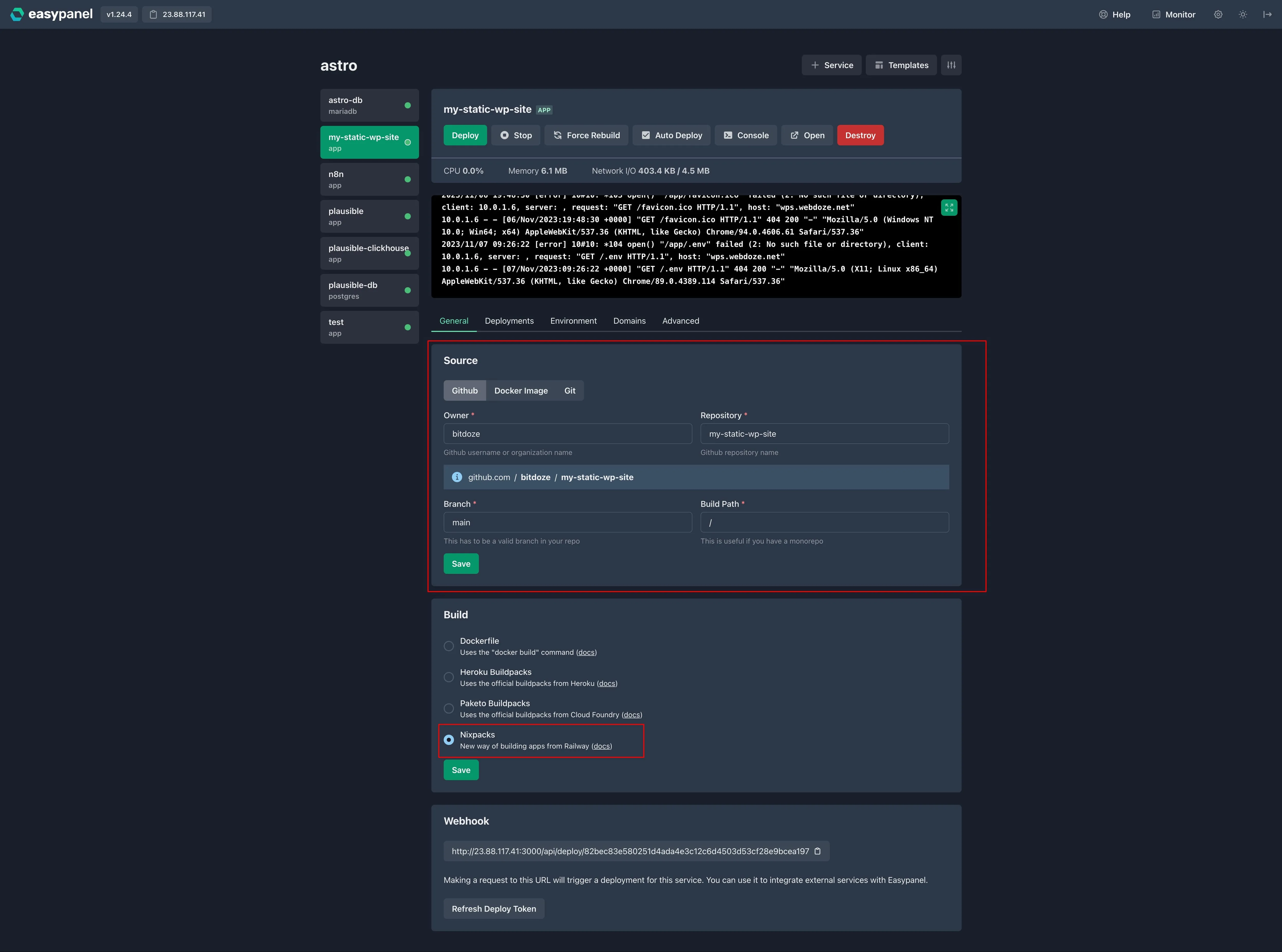 Easypanel app service screen connecting a GitHub repository for automatic build and deployment