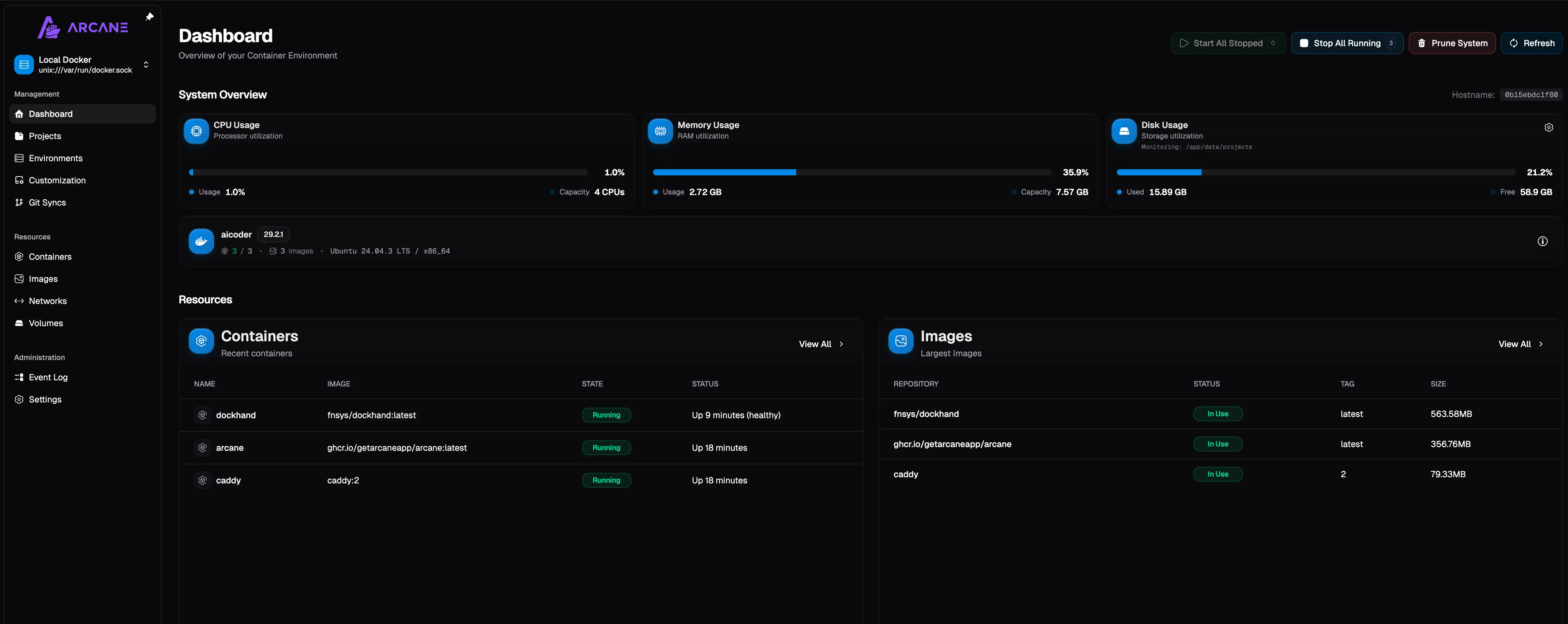 Arcane Docker Manager UI showing container list and compose editor