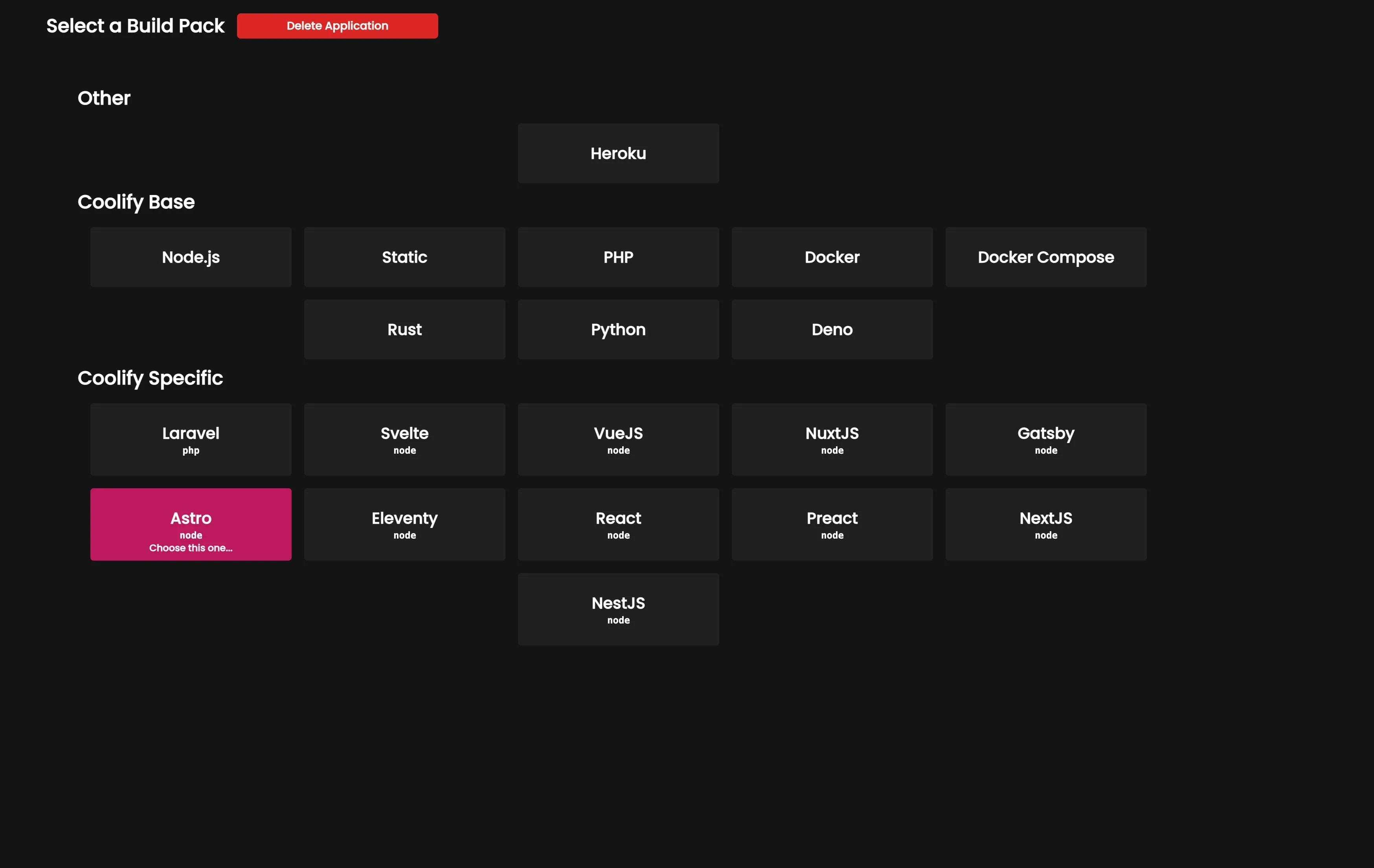 Pre-v4.3 Coolify dashboard auto-detecting the Astro framework