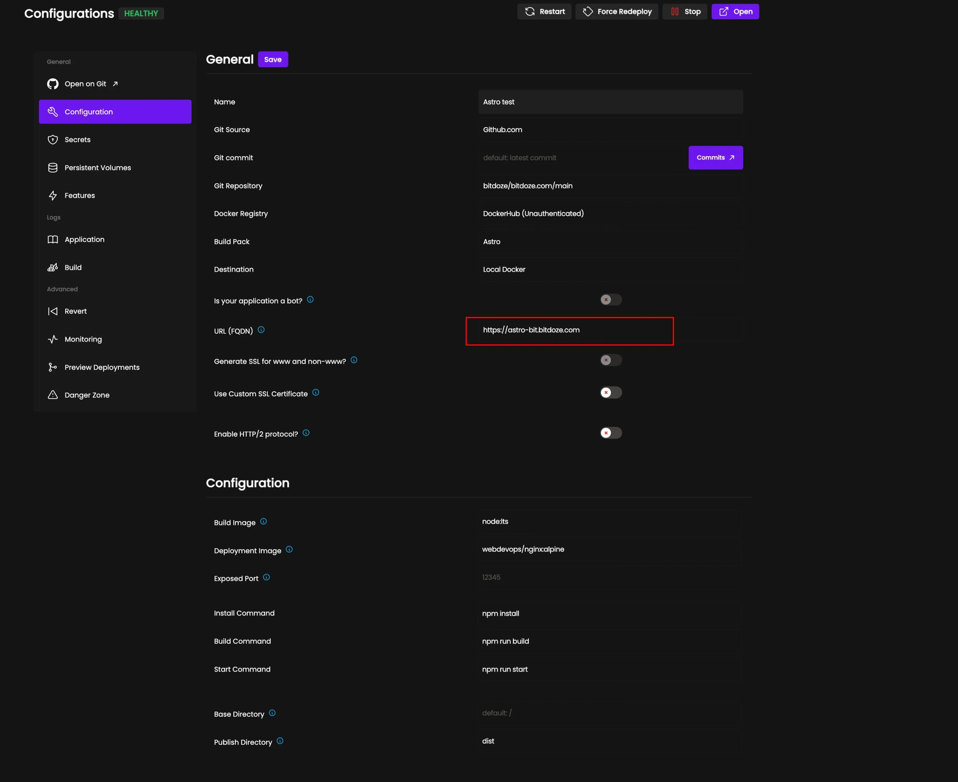 Pre-v4.3 Coolify application settings with the custom domain field filled in