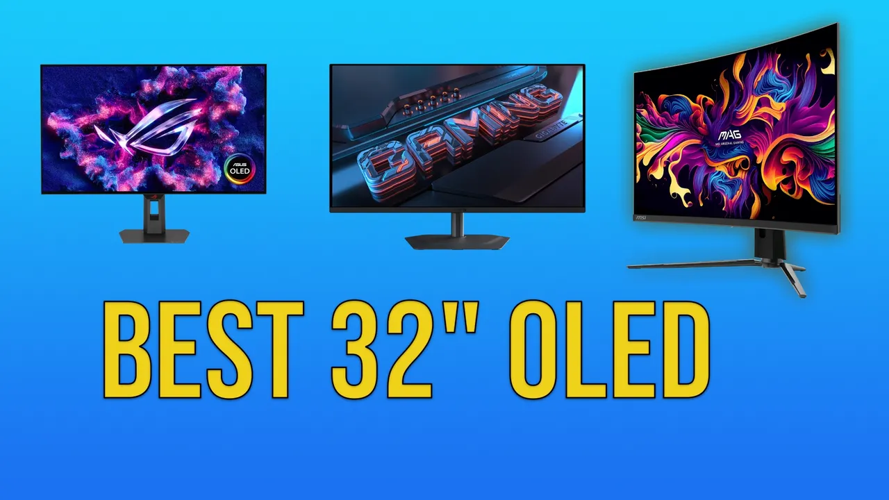 Best 32-inch OLED monitors of 2026 lined up on a desk, showing a 4K OLED display with vivid HDR colors