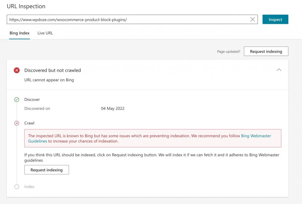 Bing URL inspection error message