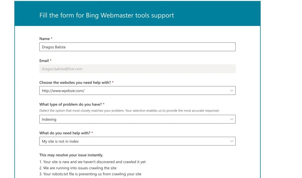 Bing support request category selection
