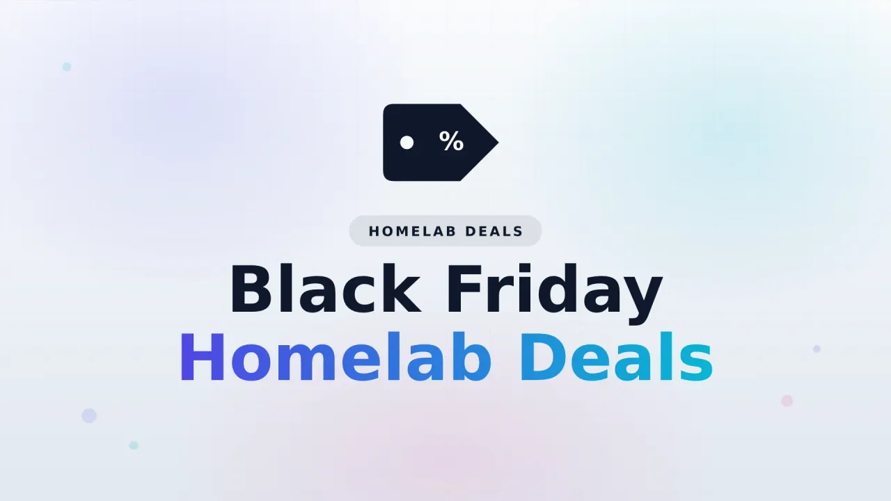 Black Friday homelab deals cover with a price tag icon on a light gradient background