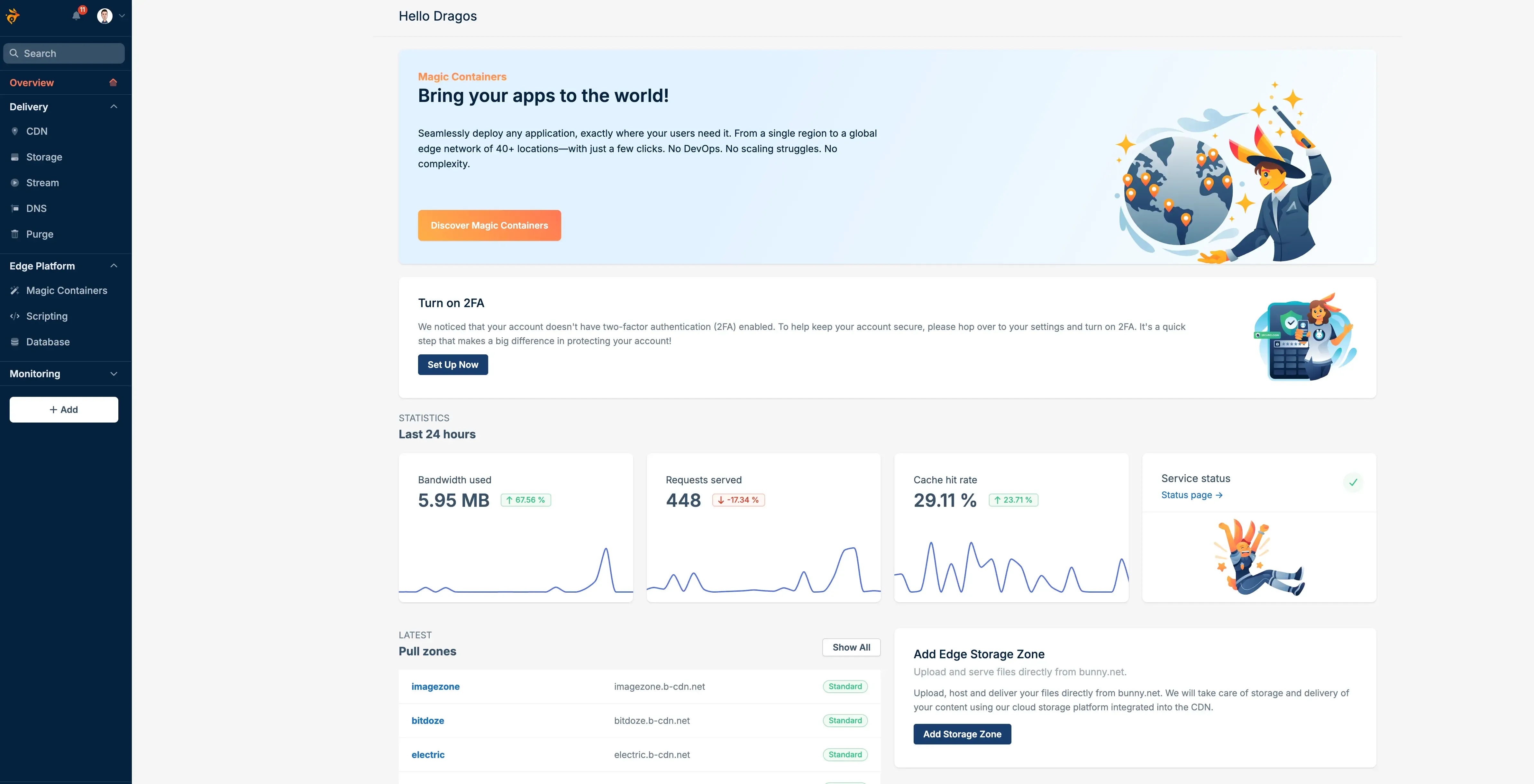 Bunny.net main dashboard interface