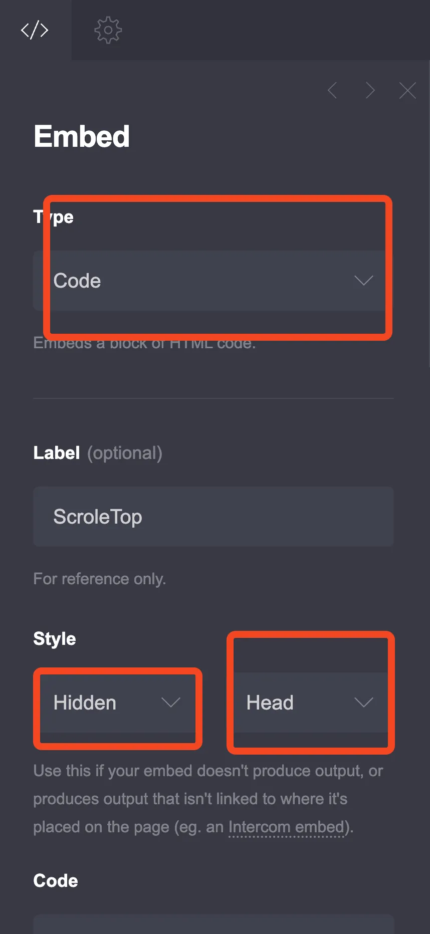 Carrd embed element settings showing Type set to Code and Style set to Hidden, with the location dropdown next to it