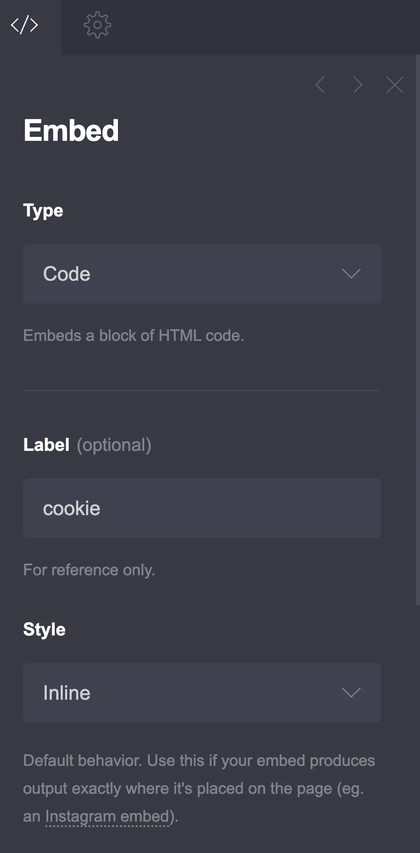 Carrd builder Add Element menu with the Embed element selected