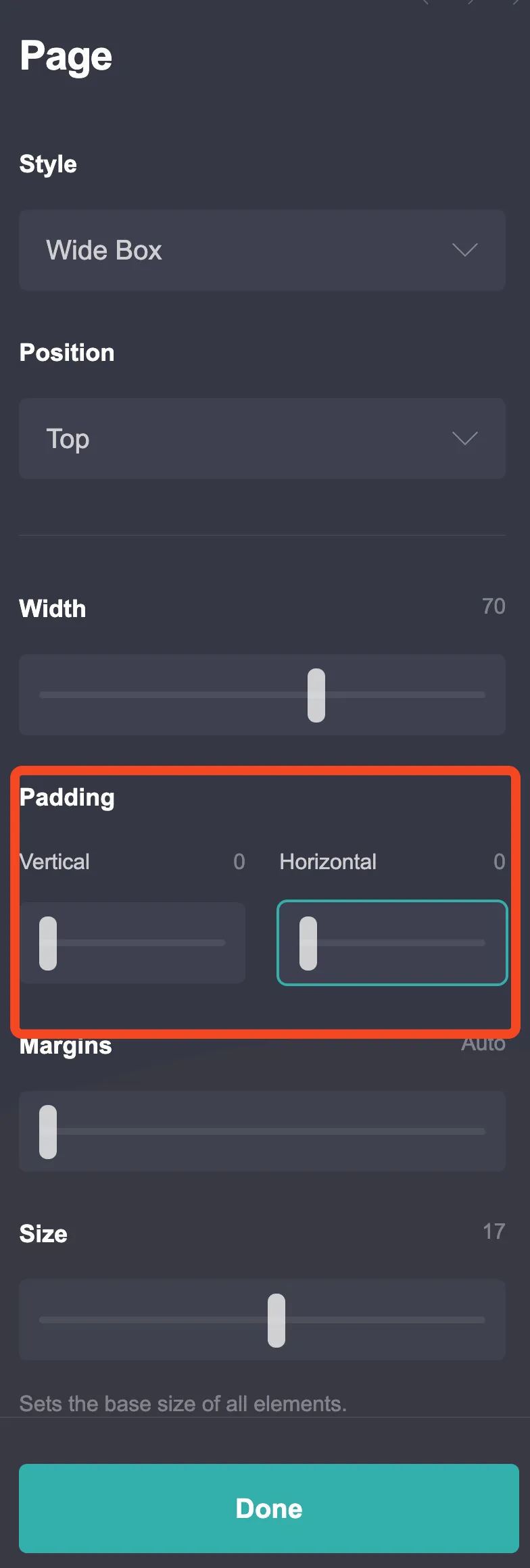 Carrd page settings showing padding options