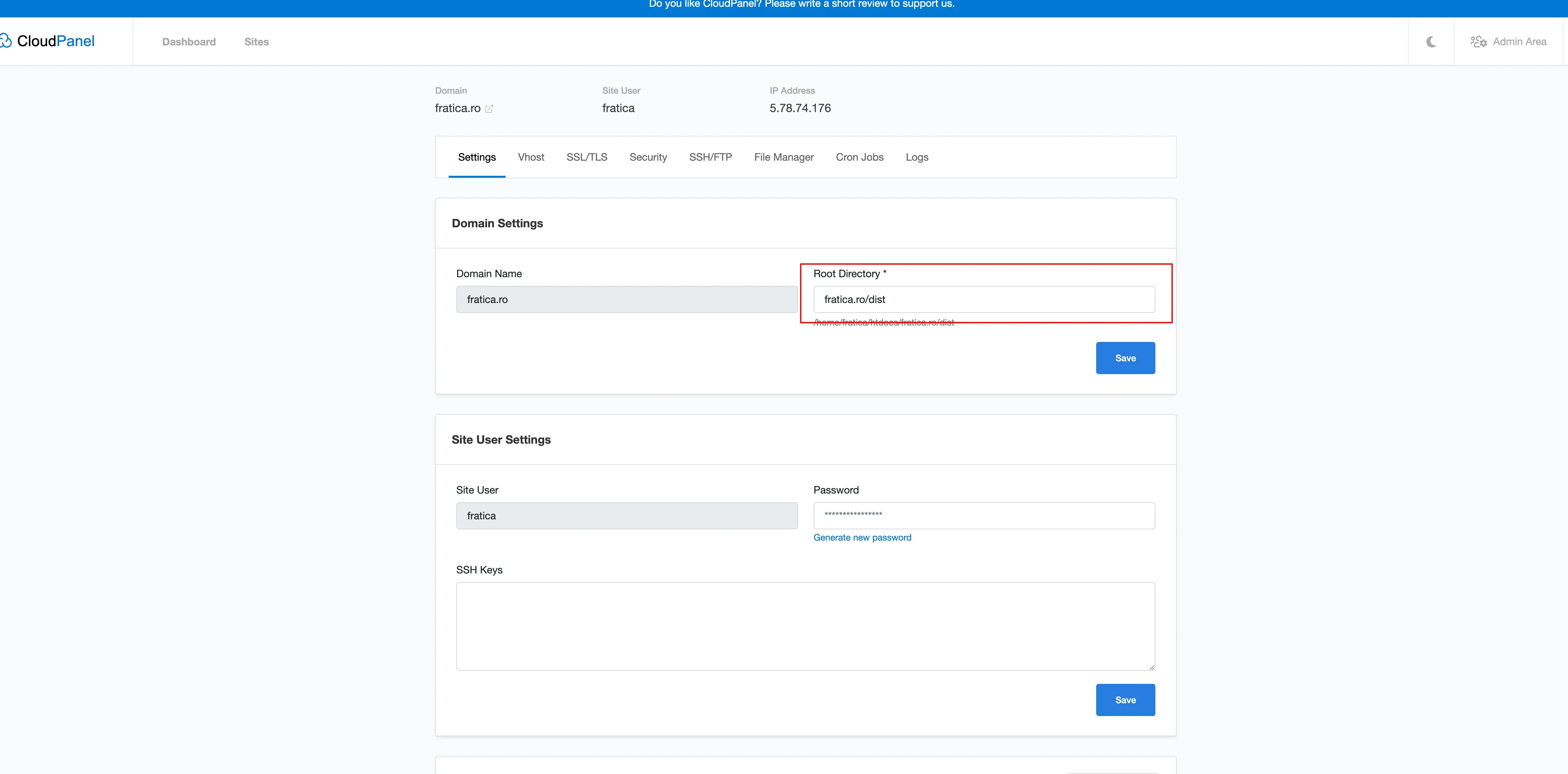 CloudPanel site settings with the Root Directory set to htdocs/www.yourdomain.com/dist for an Astro build