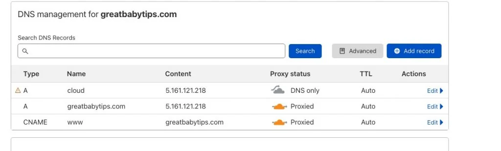 Cloudflare DNS setup for CloudPanel
