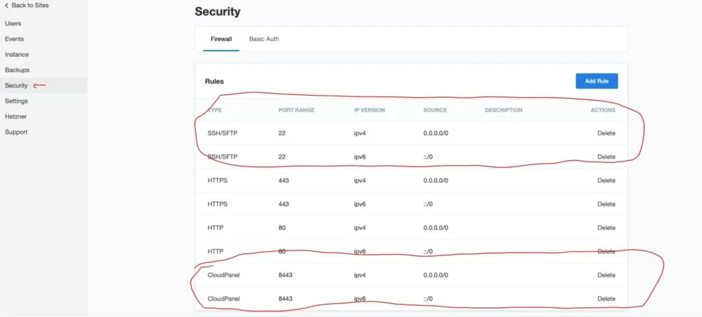 CloudPanel firewall port configuration