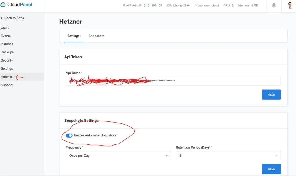 CloudPanel automated snapshots configuration