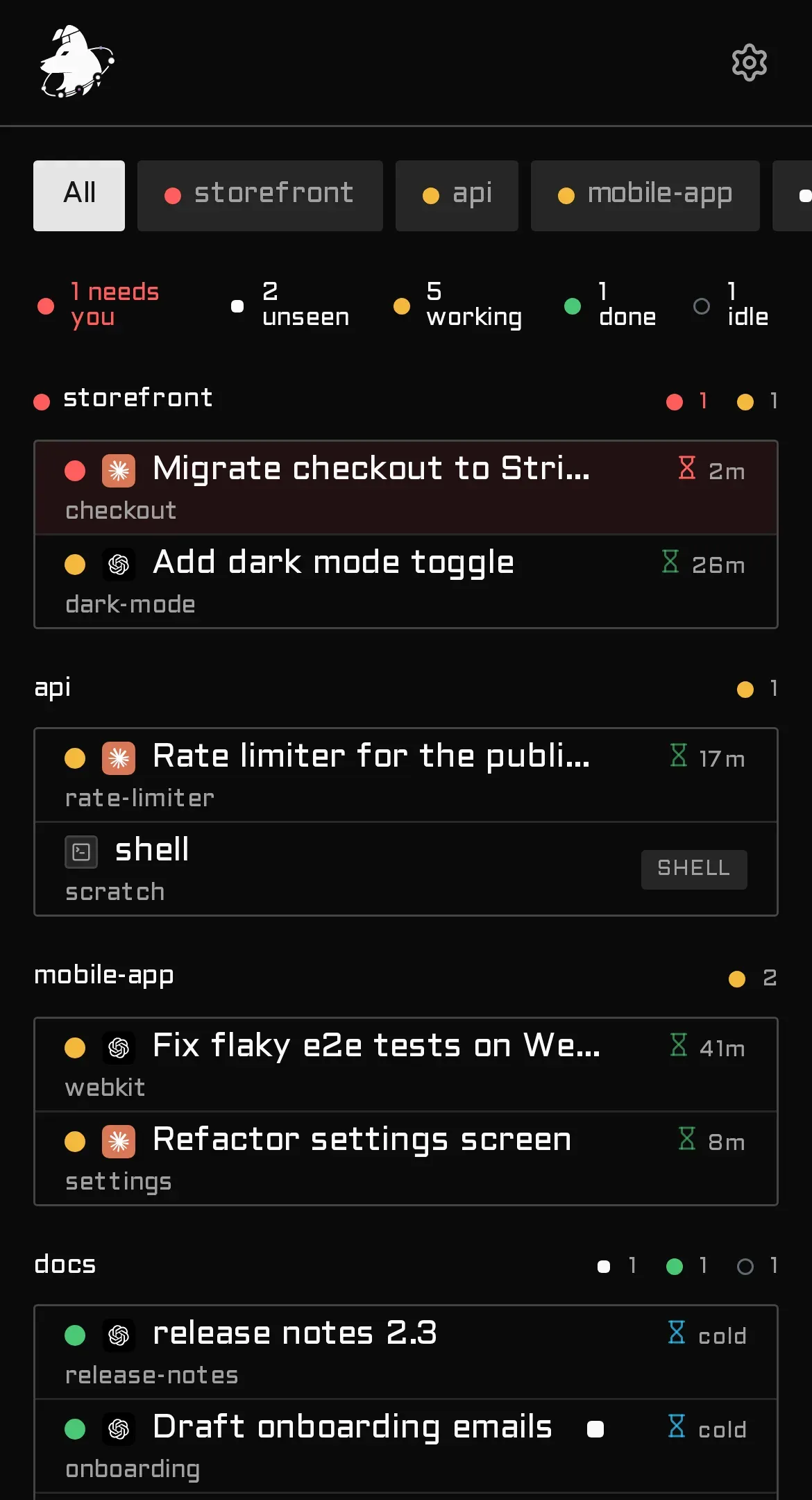 Collie’s phone UI: agent inbox grouped by project with needs-you, unseen, working, done and idle counts