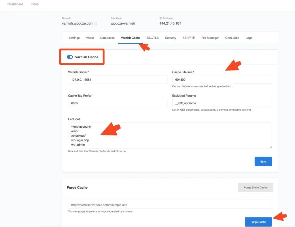 CloudPanel Varnish Cache settings panel