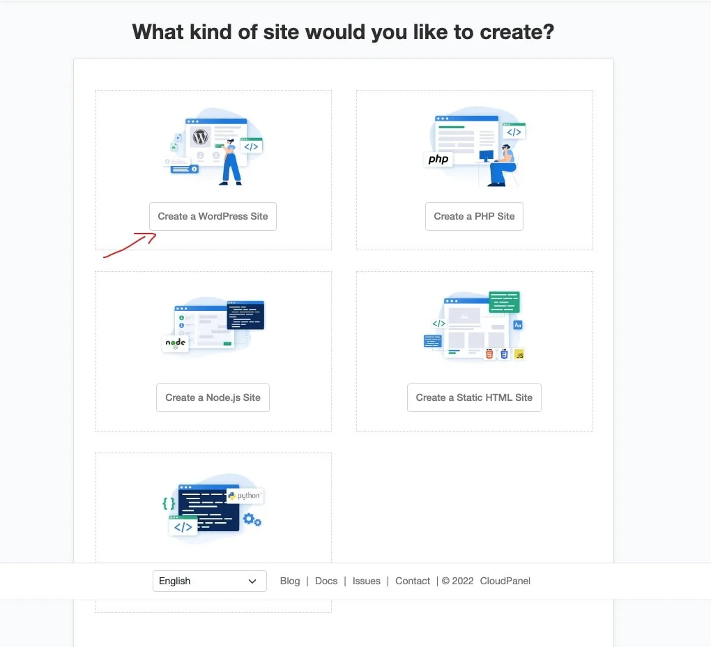CloudPanel create website button