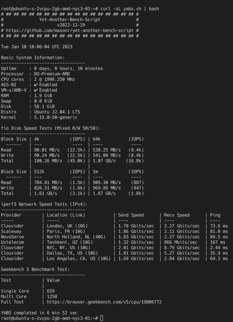 DigitalOcean Premium AMD yabs.sh benchmark results