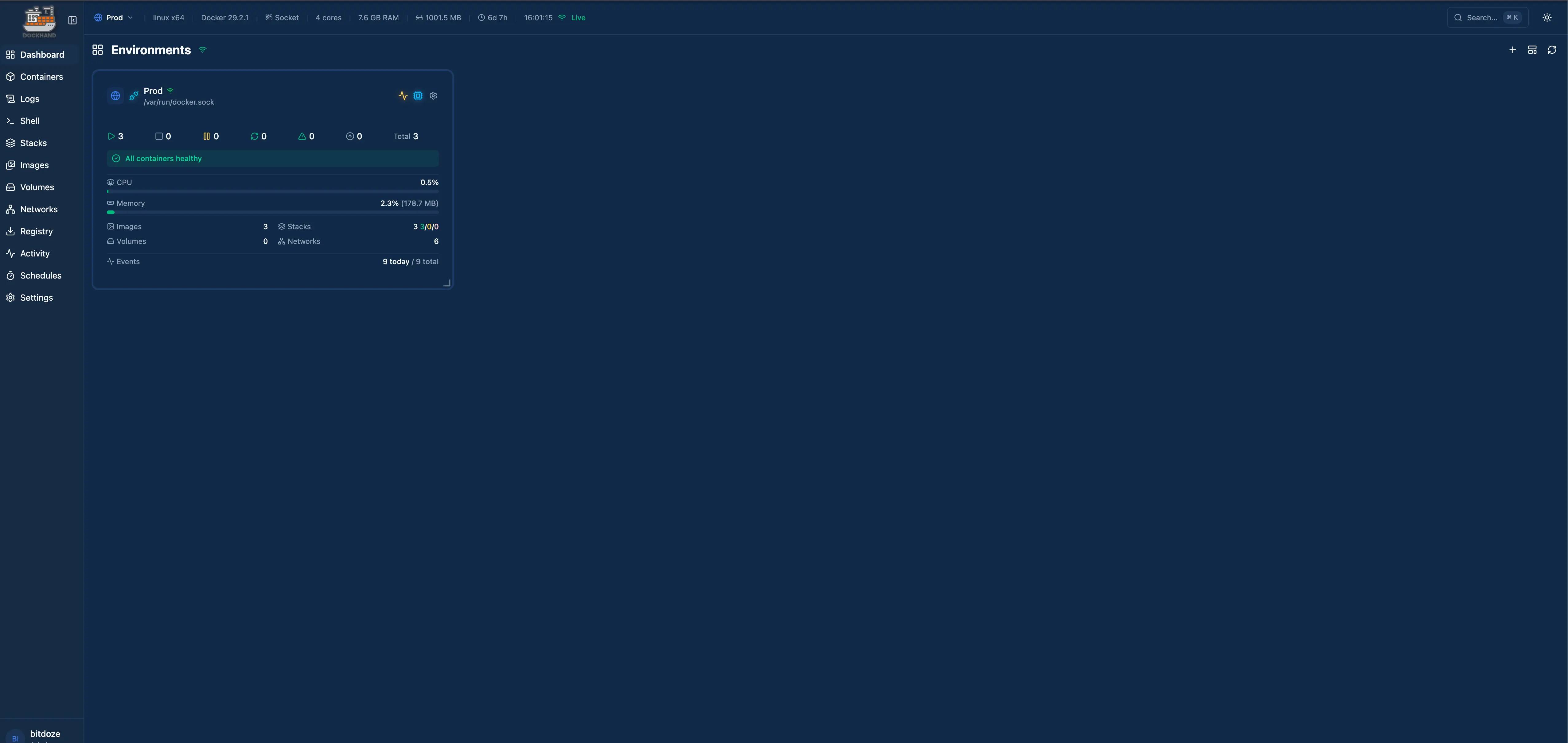 Dockhand Docker Manager UI showing container dashboard with security scanning