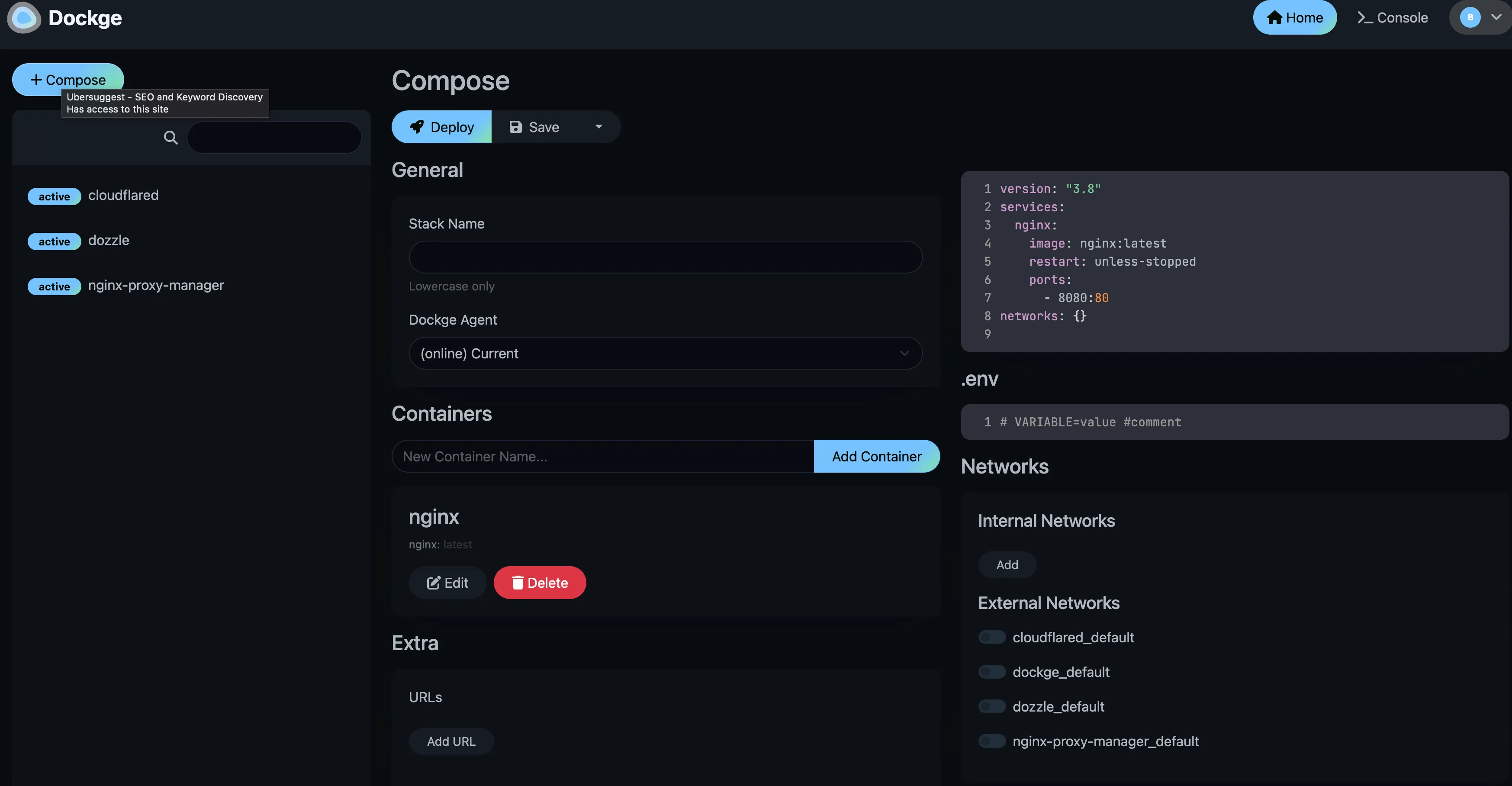 Dockge create new compose stack form with the interactive compose.yaml editor