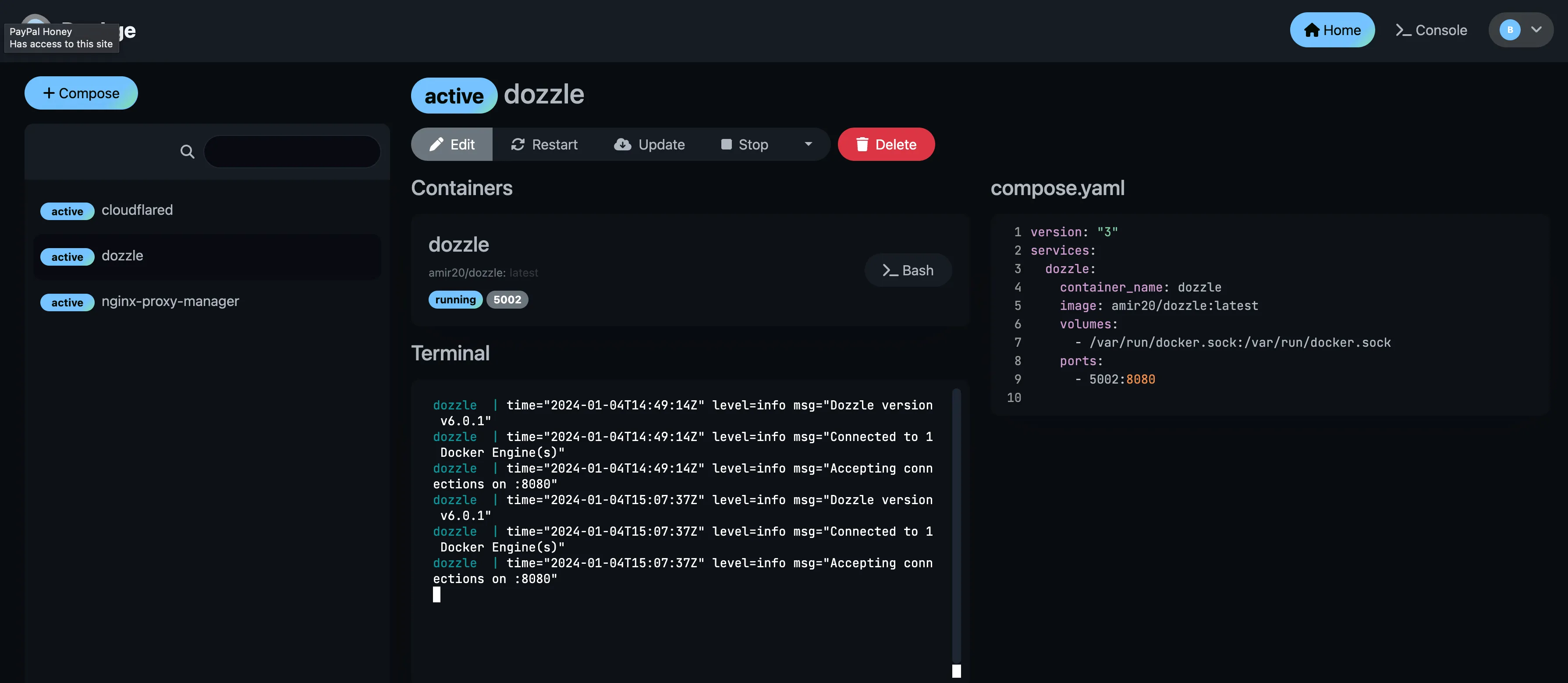 Dockge container details view with logs and a terminal for a running Docker container