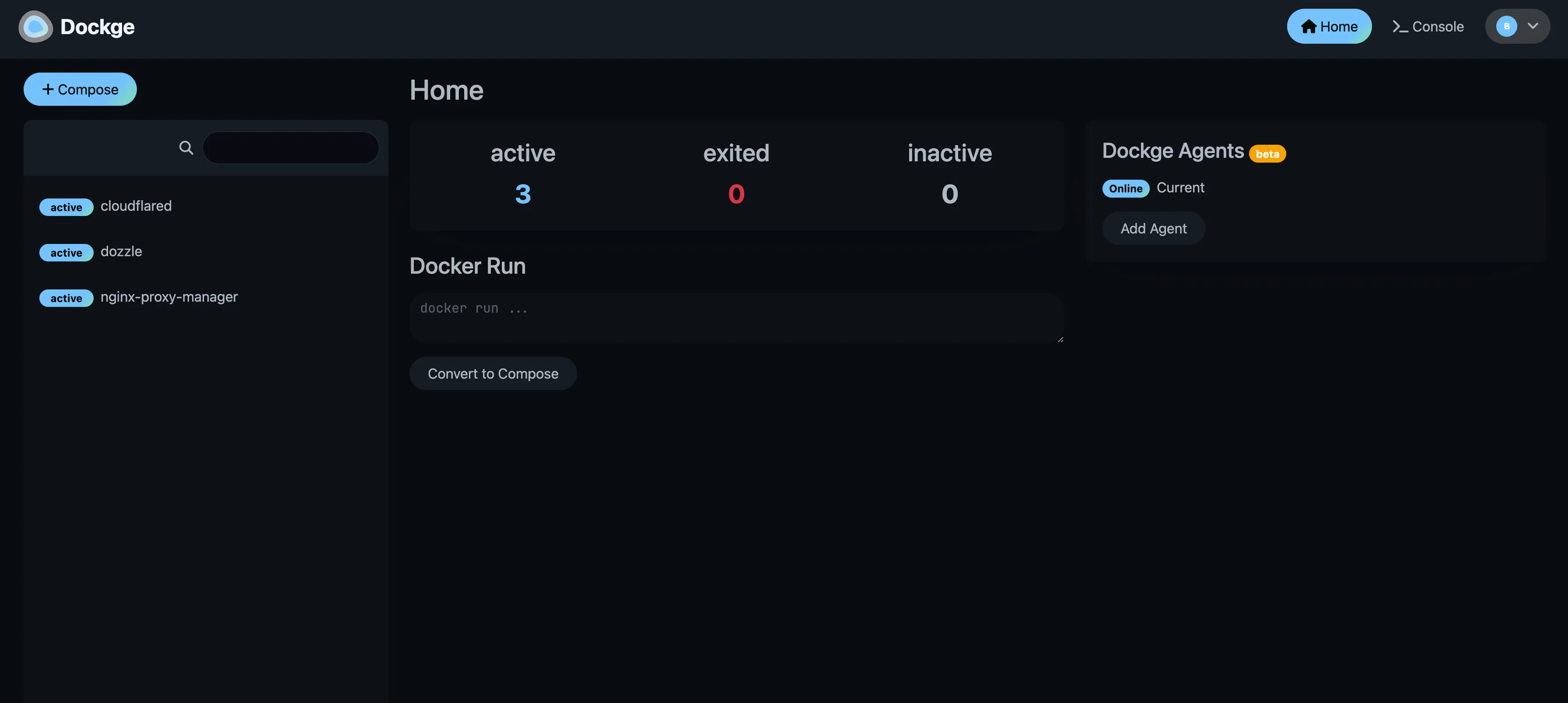 Dockge docker compose manager dashboard showing the list of compose stacks with status and controls