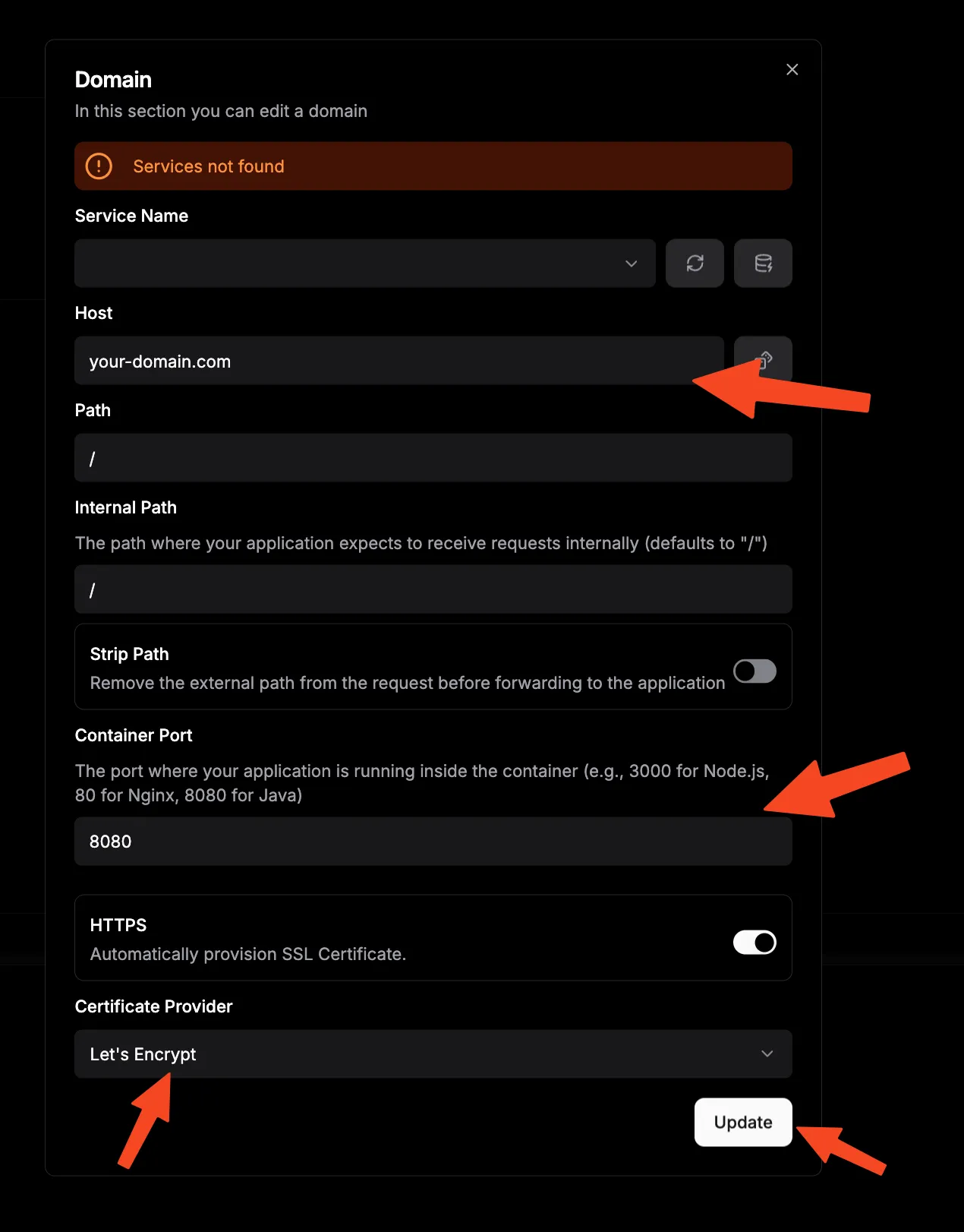 Configuring the n8n domain and SSL in Dokploy