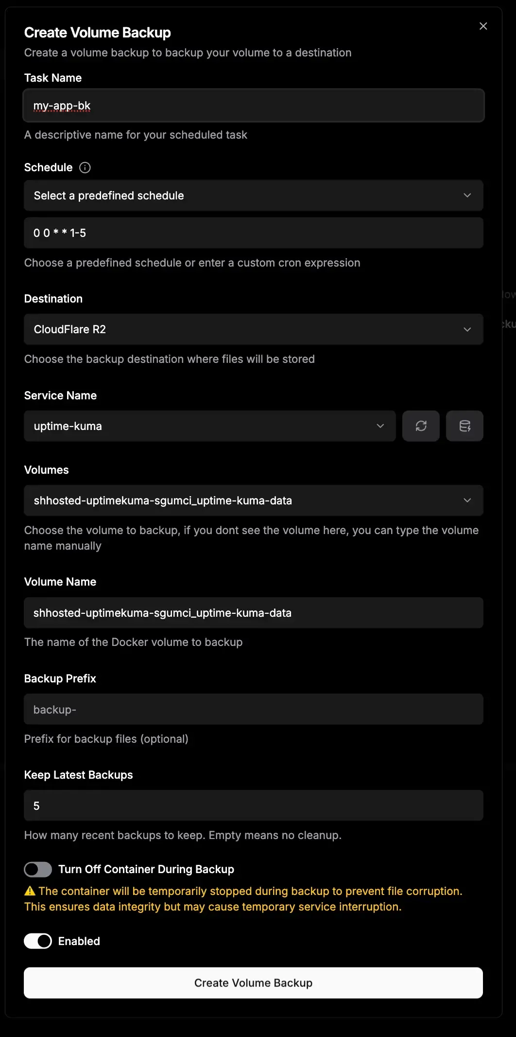 Dokploy volume backups interface showing schedule, destination and volume name