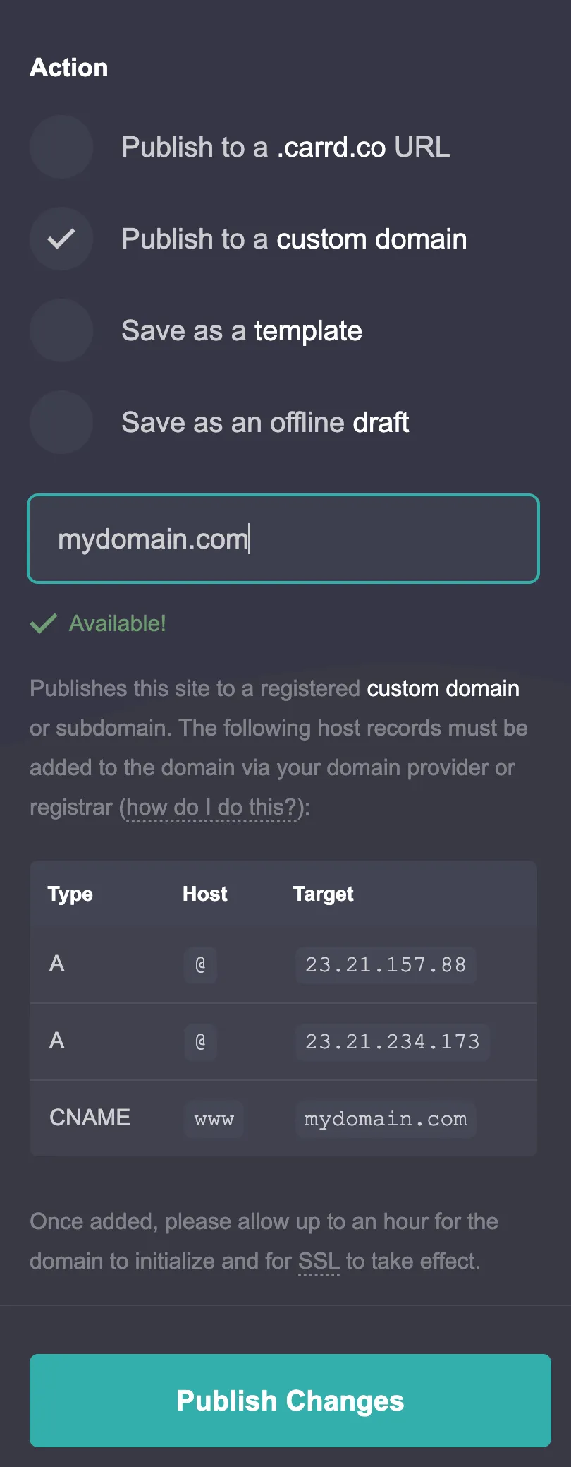 Carrd domain settings showing the publish options