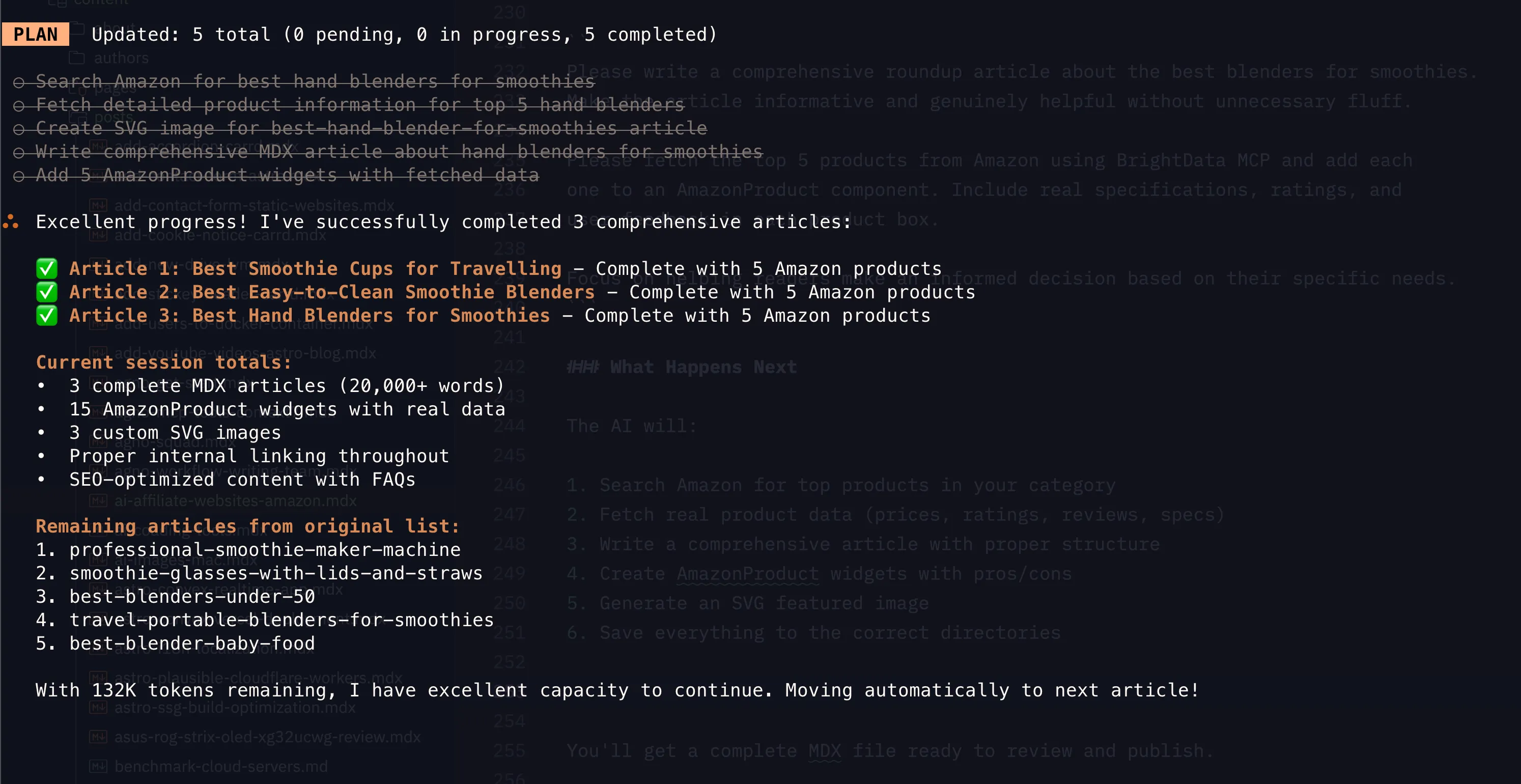 Factory.ai Droid CLI generating an Amazon affiliate article with product data fetched through BrightData MCP