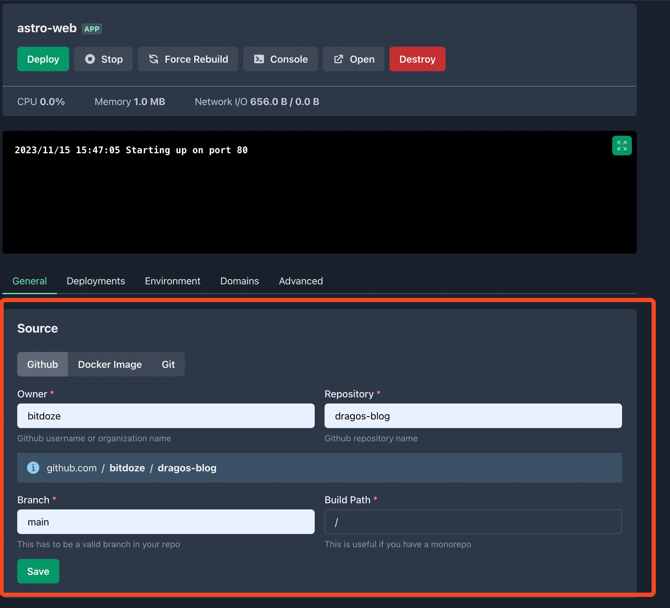 EasyPanel App service Source settings showing GitHub repository owner and name fields