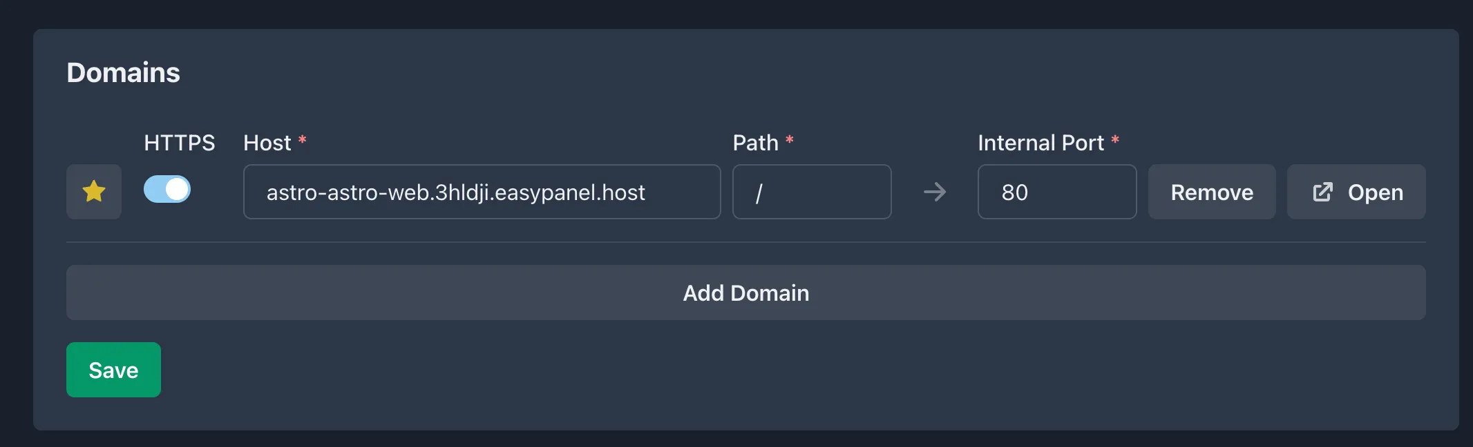 EasyPanel Domains screen with an A record domain and automatic Let's Encrypt SSL