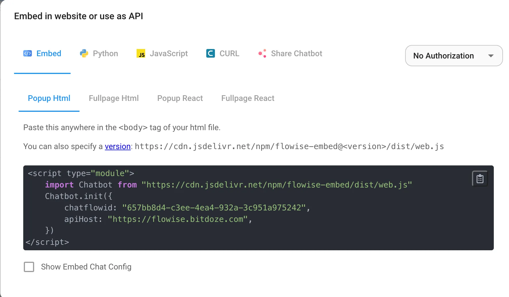 Export options for a FlowiseAI chatflow: embed, Python, JavaScript, cURL, and share link
