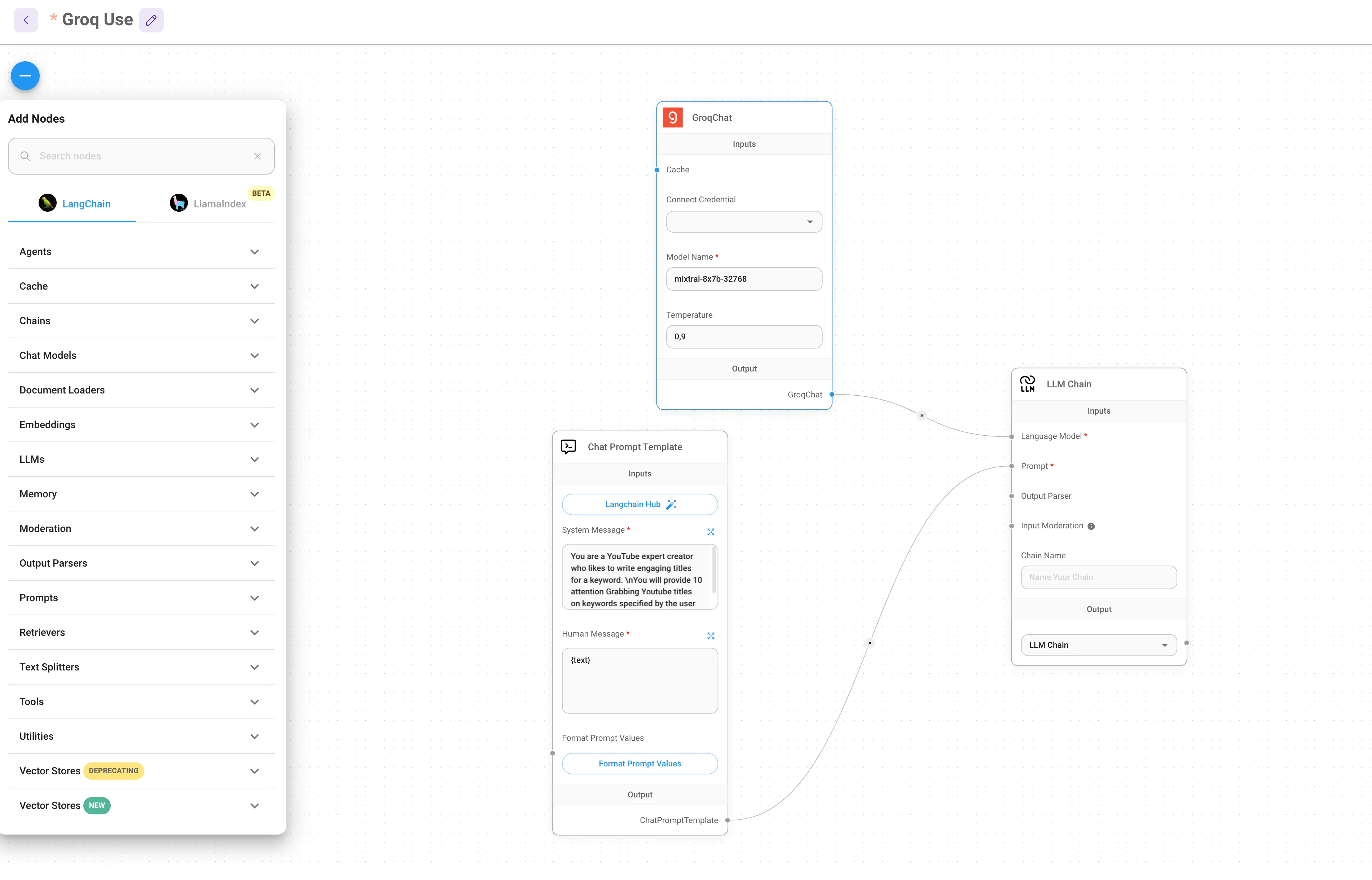 Building a chatflow in the FlowiseAI drag-and-drop editor