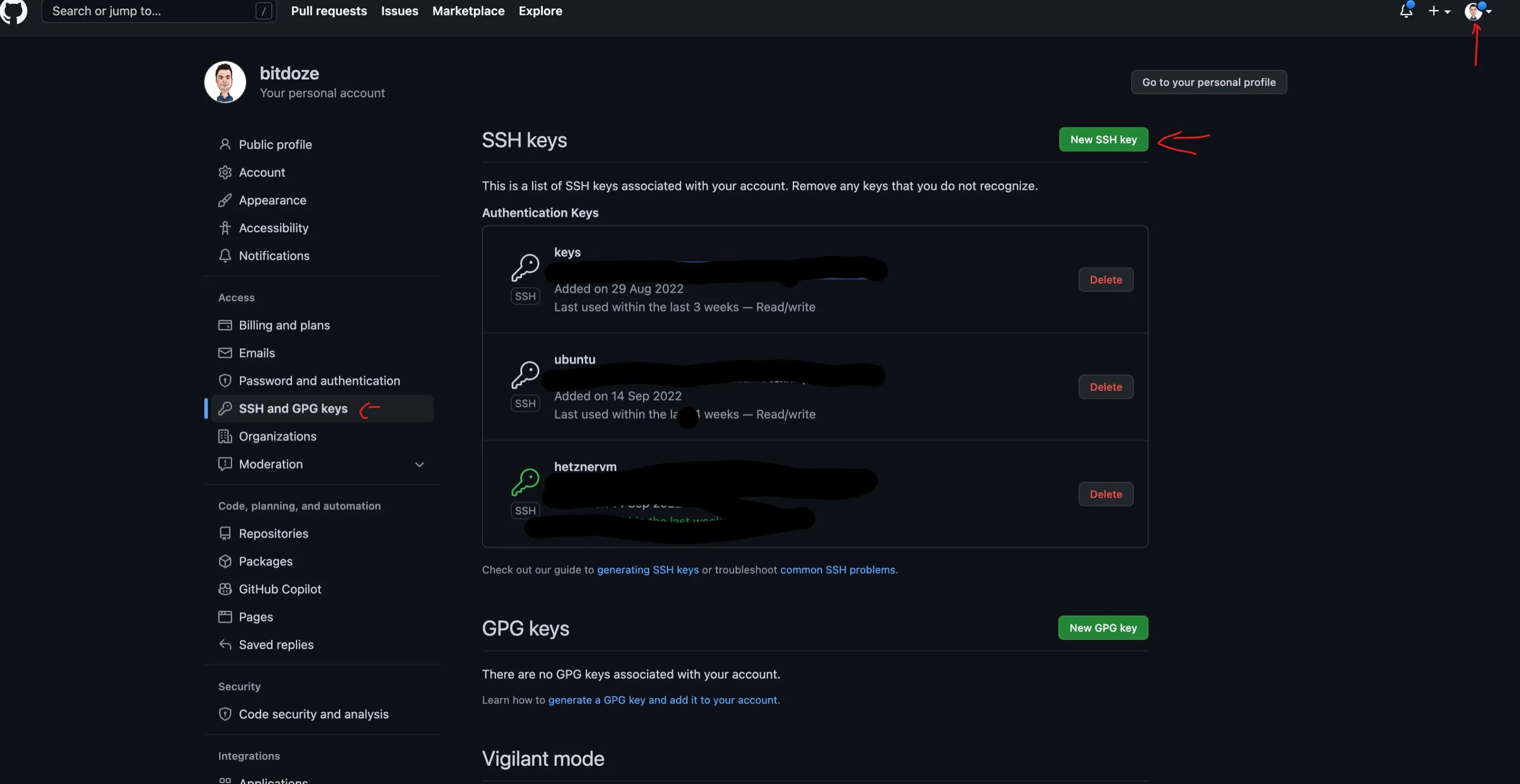 GitHub SSH key settings page