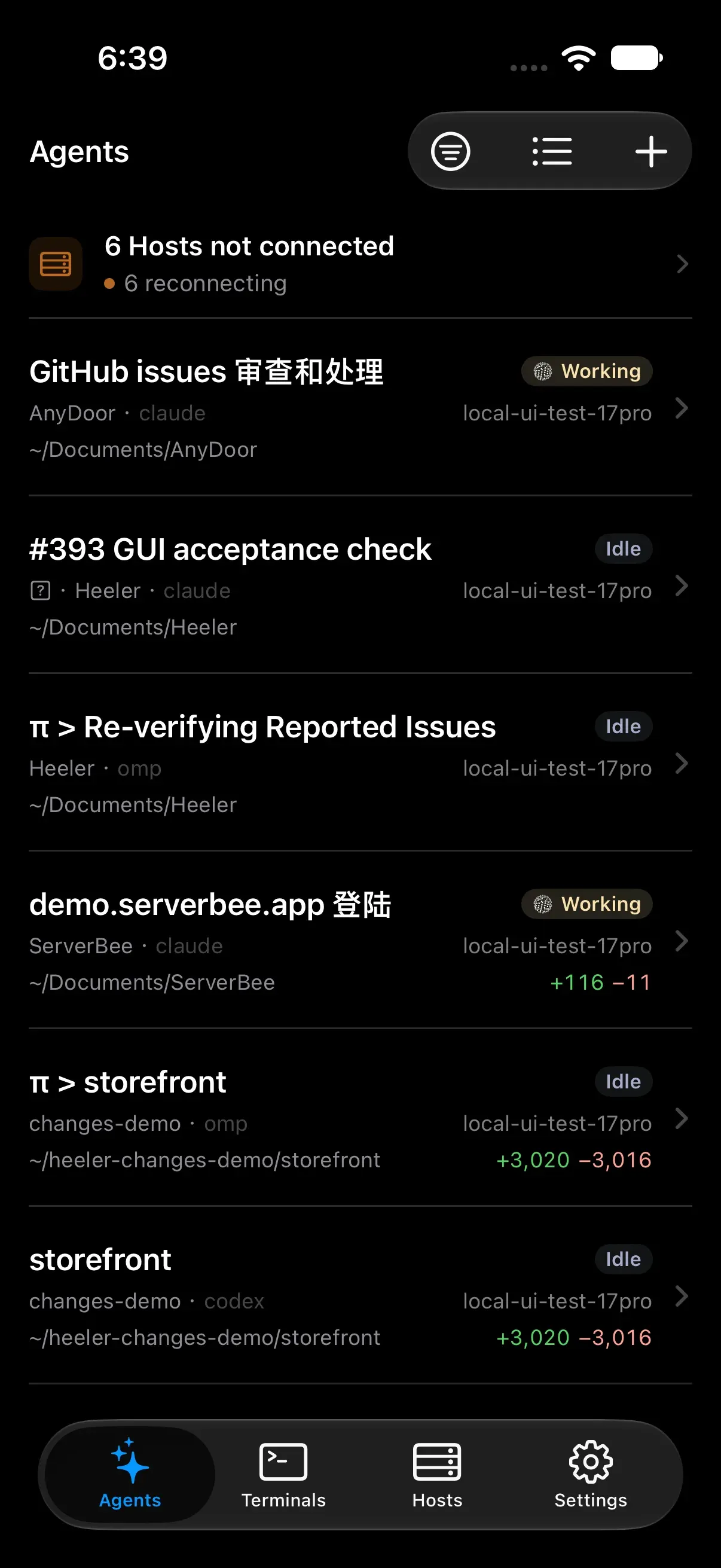 Heeler on iPhone: the agents console listing sessions with working/idle state, host, and diff stats per agent