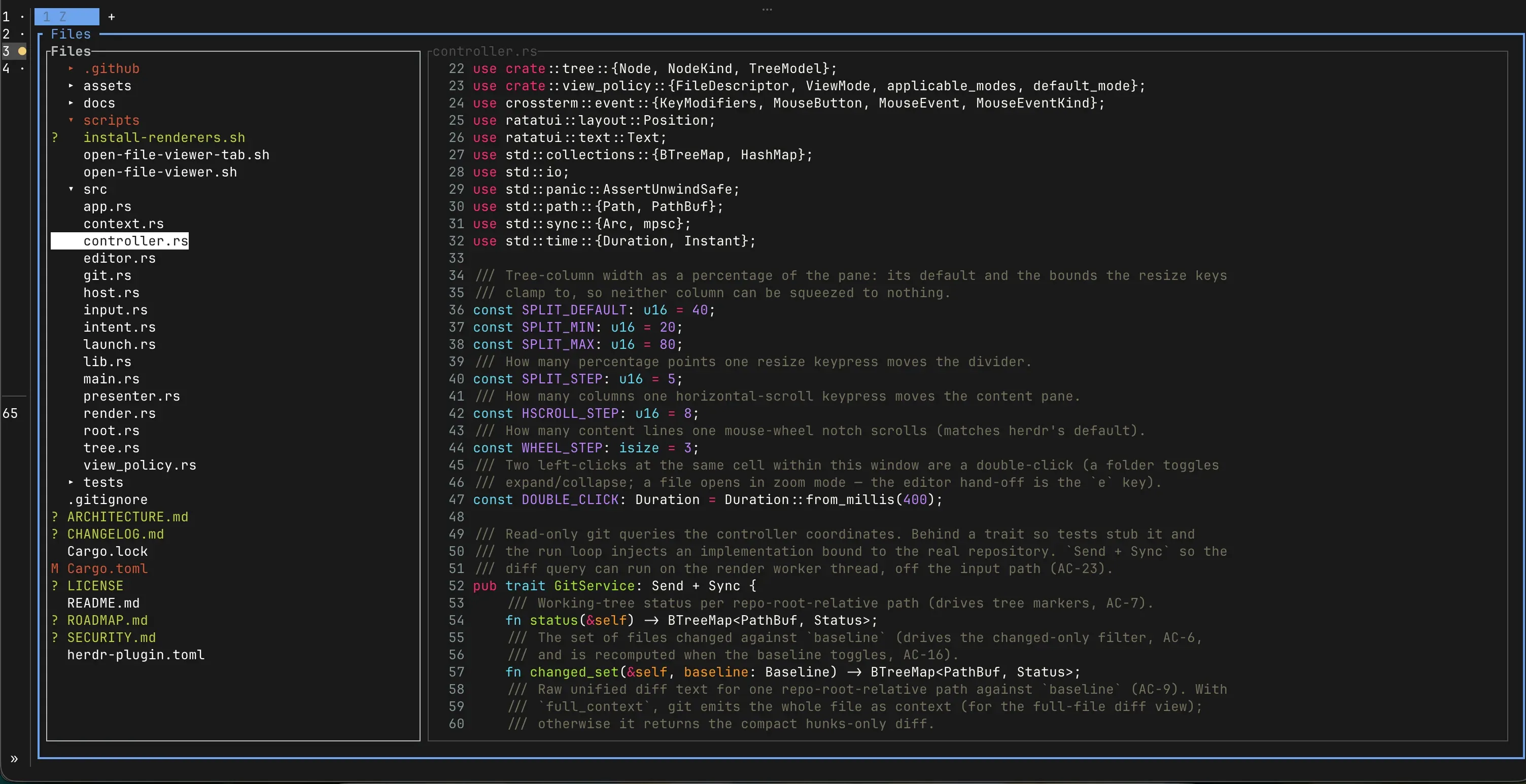 herdr-file-viewer full-screen: file tree on the left, rendered file content with syntax highlighting on the right