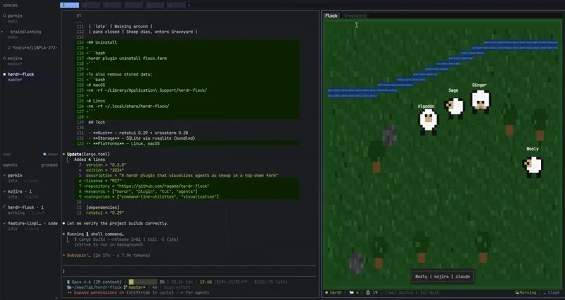 herdr-flock: pixel-art sheep wandering a farm field inside a Herdr pane, one sheep per agent
