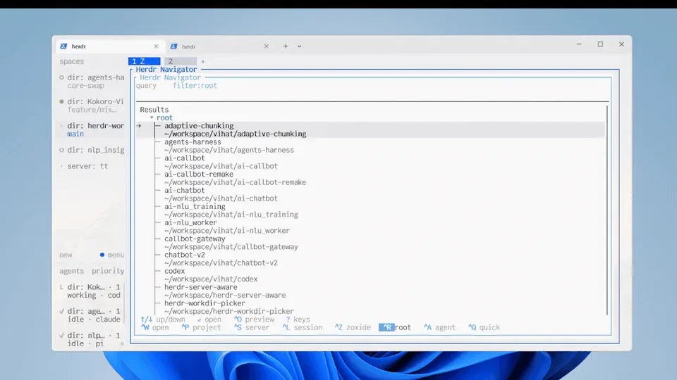 herdr-navigator’s fuzzy finder popup matching workspaces, agents, projects and directories over a live pane