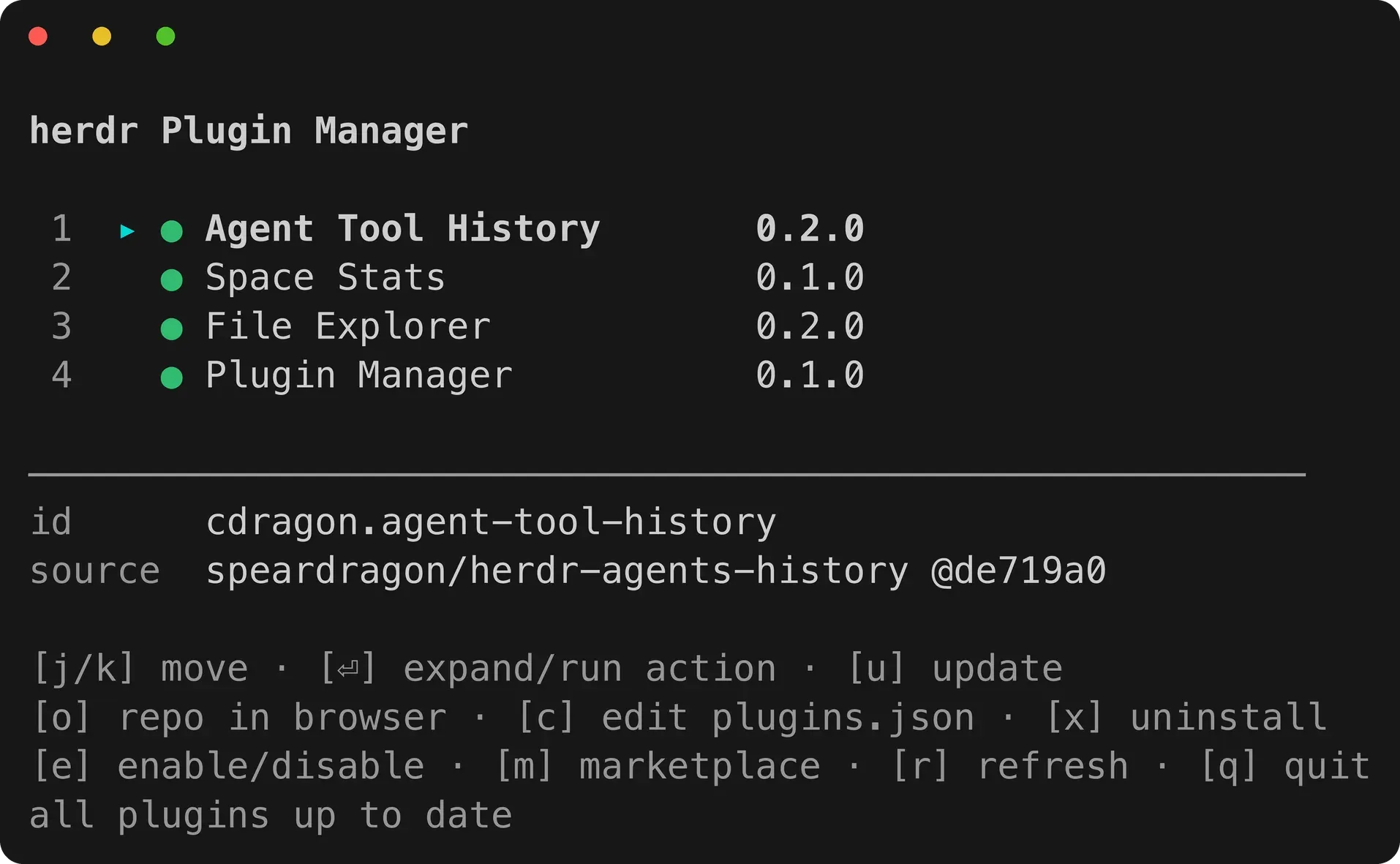 herdr-plugin-manager popup: installed plugin list with per-plugin actions and a marketplace browser sorted by stars